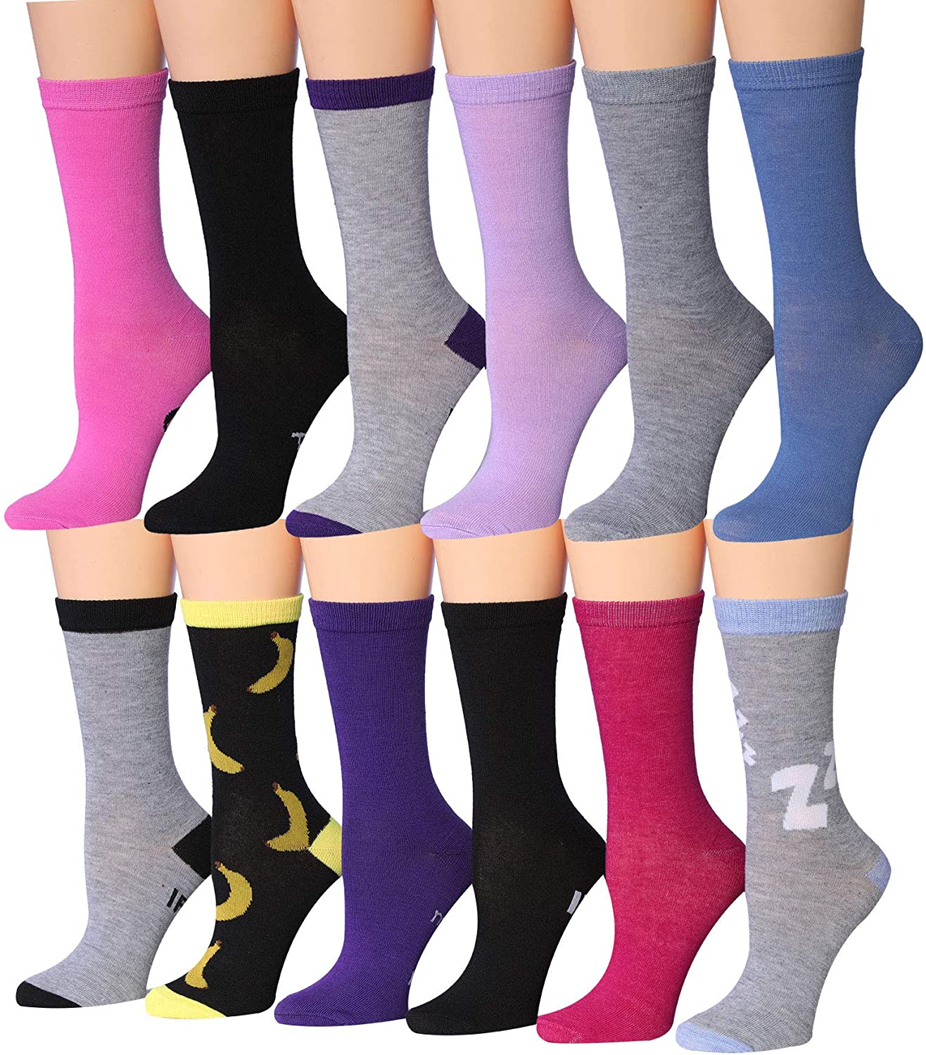 A colorful assortment of Tipi Toe Women's crew socks featuring various patterns including stripes, polka dots, and floral designs.