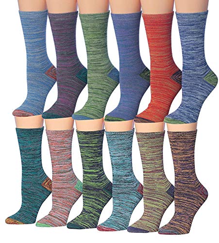 A colorful assortment of Tipi Toe women's crew socks featuring various fun patterns and designs, neatly arranged in pairs.