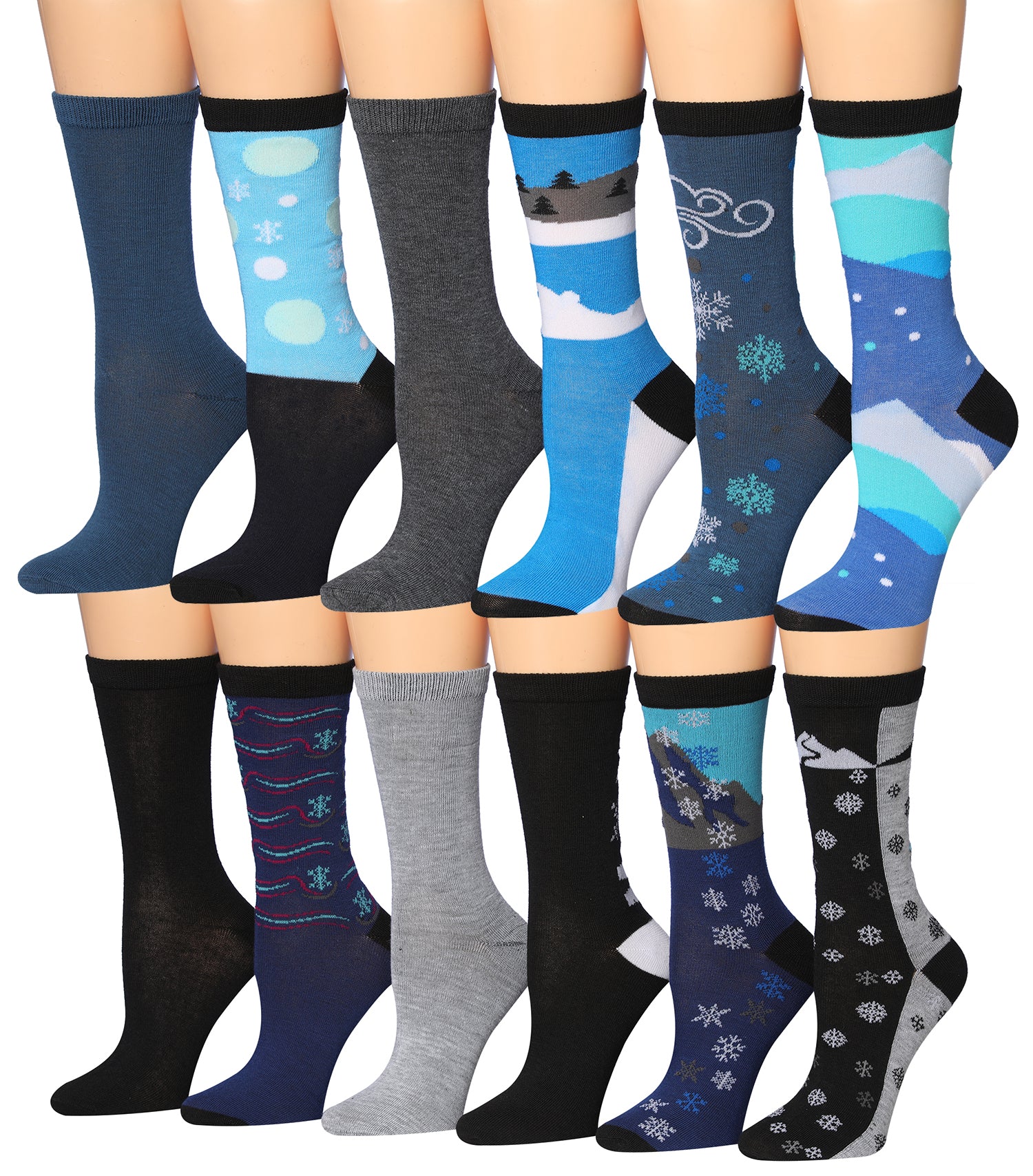 A colorful assortment of Tipi Toe women's crew socks featuring various fun patterns and designs, neatly arranged in pairs.