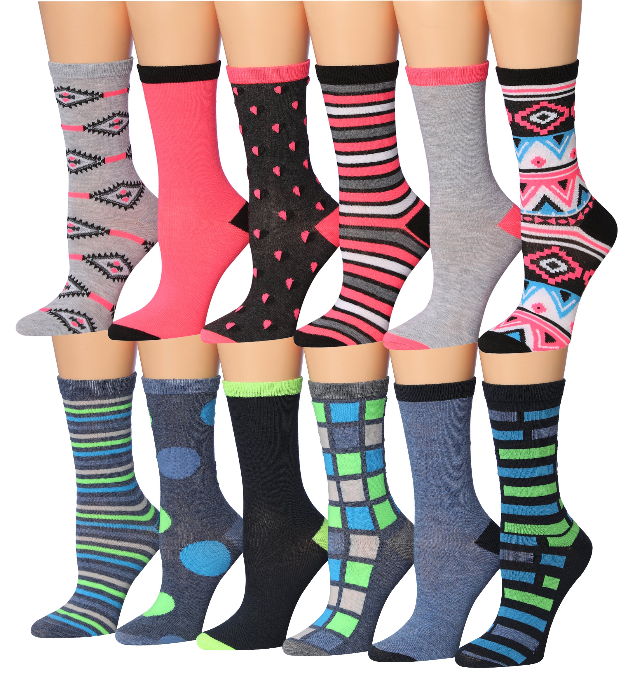 A colorful assortment of Tipi Toe women's crew socks featuring various fun patterns and designs, neatly arranged in pairs.