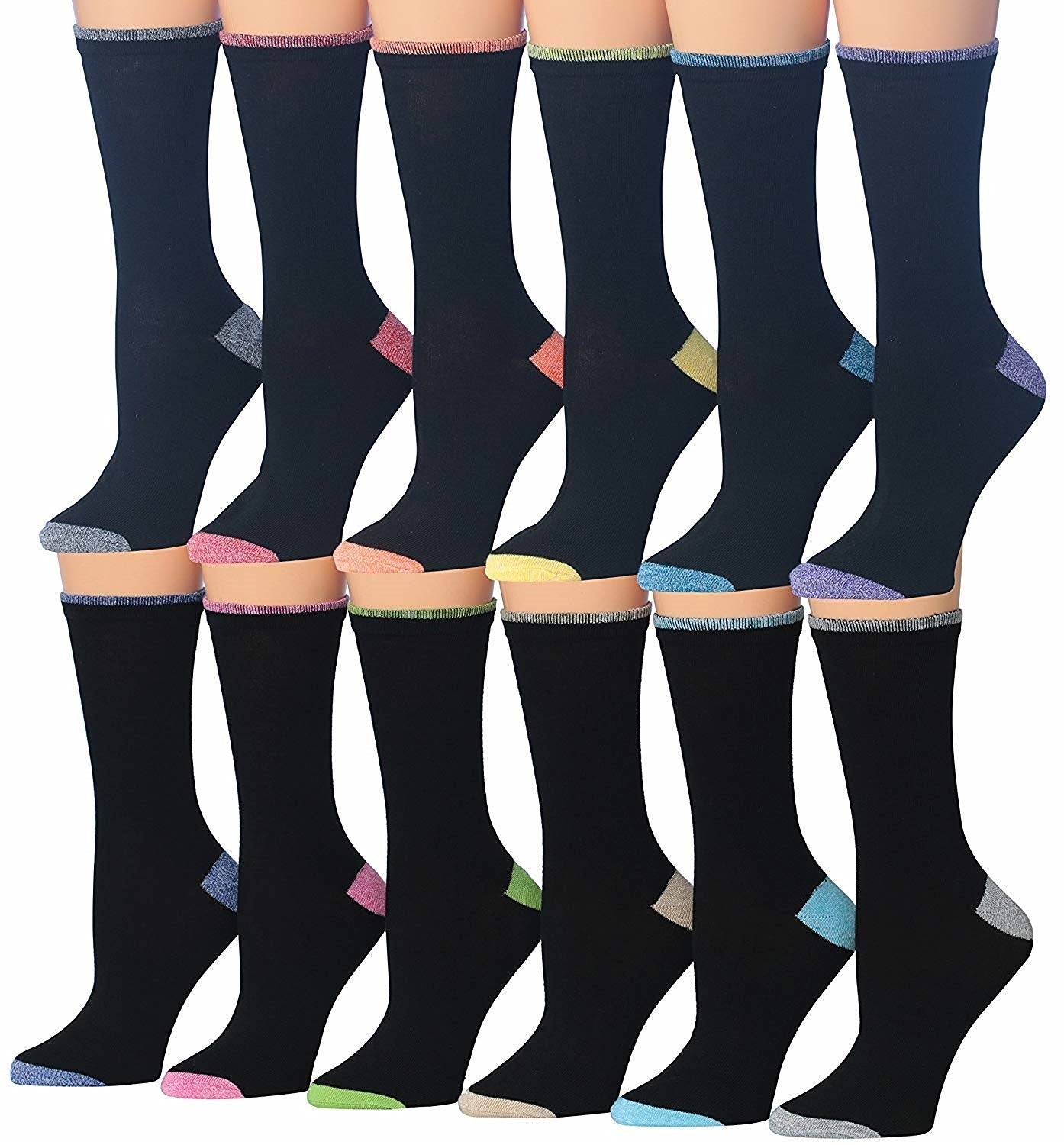 A colorful assortment of Tipi Toe women's crew socks featuring various fun patterns and designs, neatly arranged in pairs.