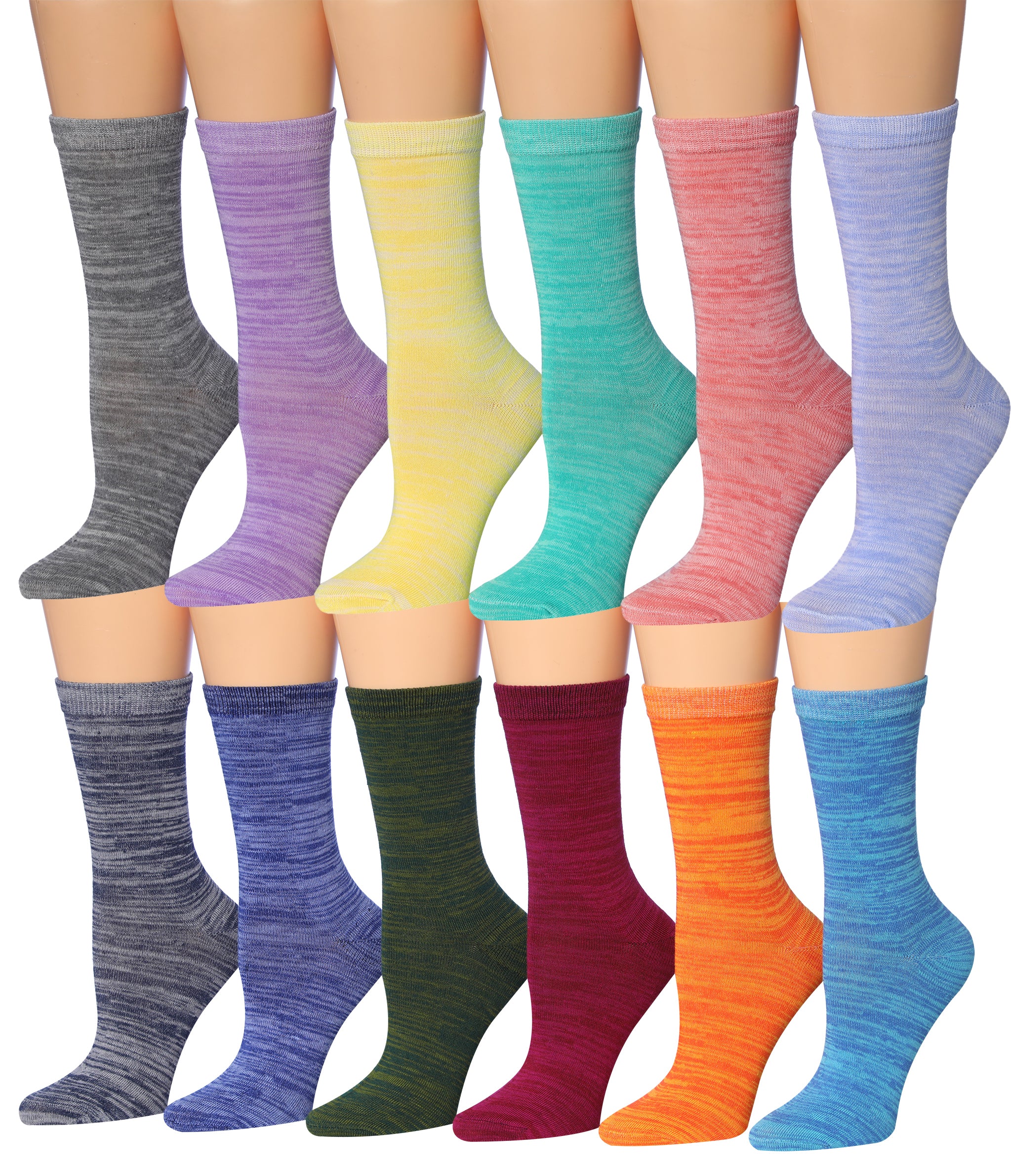 A colorful assortment of Tipi Toe women's crew socks featuring various fun patterns and designs, neatly arranged in pairs.