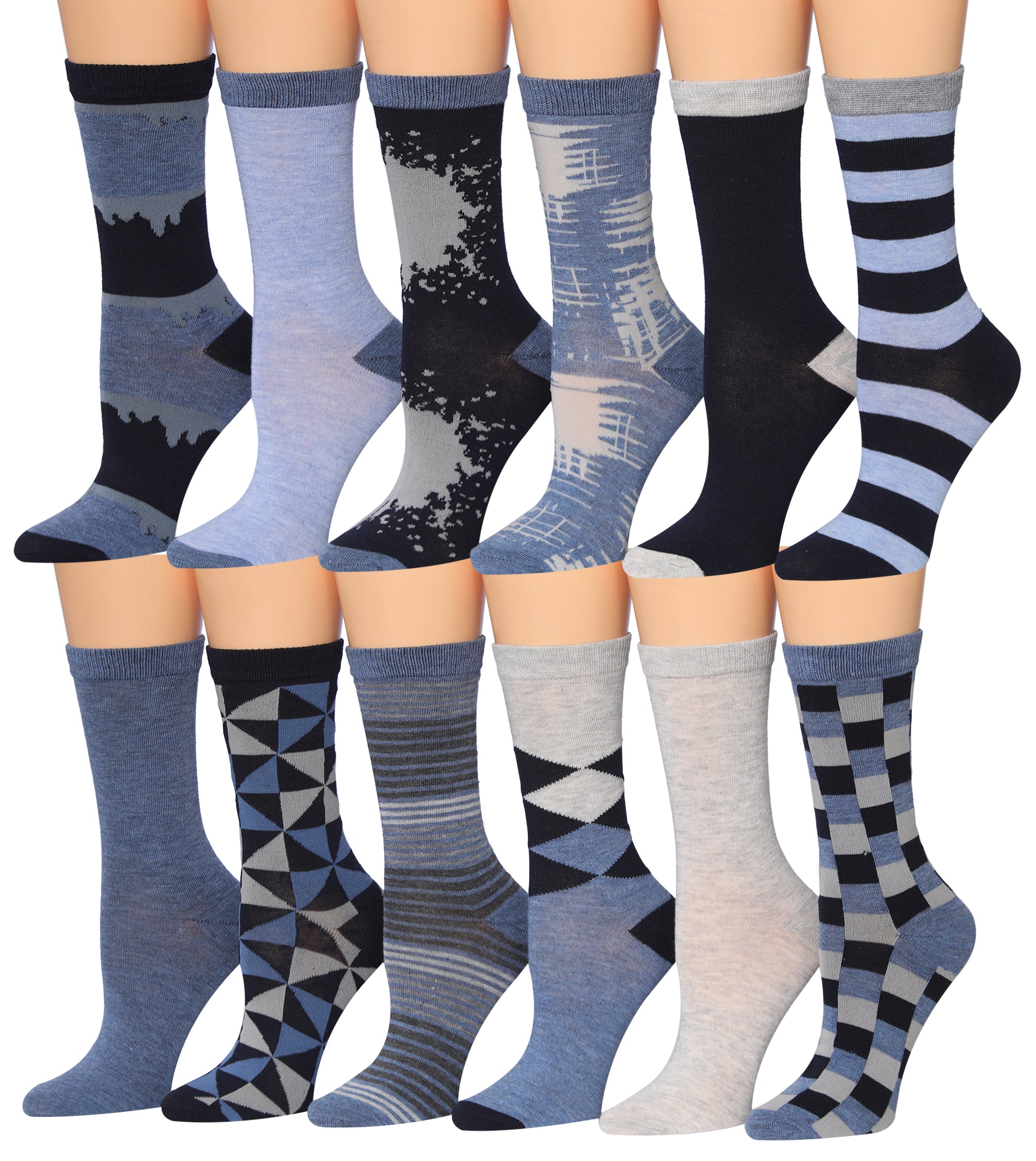 A colorful assortment of Tipi Toe women's crew socks featuring various fun patterns and designs, neatly arranged in pairs.