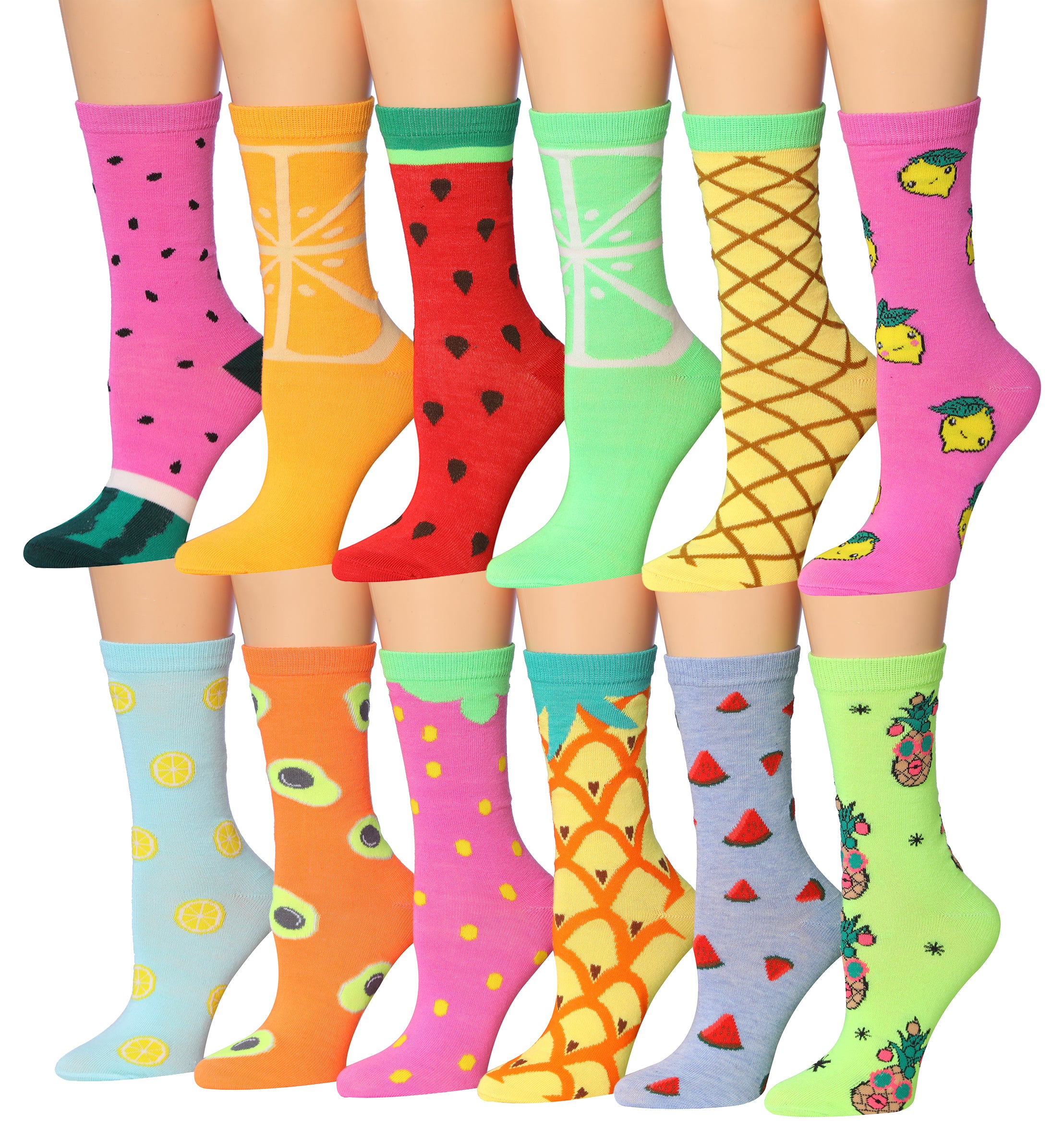 A colorful assortment of Tipi Toe women's crew socks featuring various fun patterns and designs, neatly arranged in pairs.