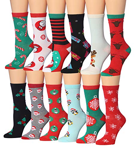 A colorful assortment of Tipi Toe women's crew socks featuring various fun patterns and designs, neatly arranged in pairs.