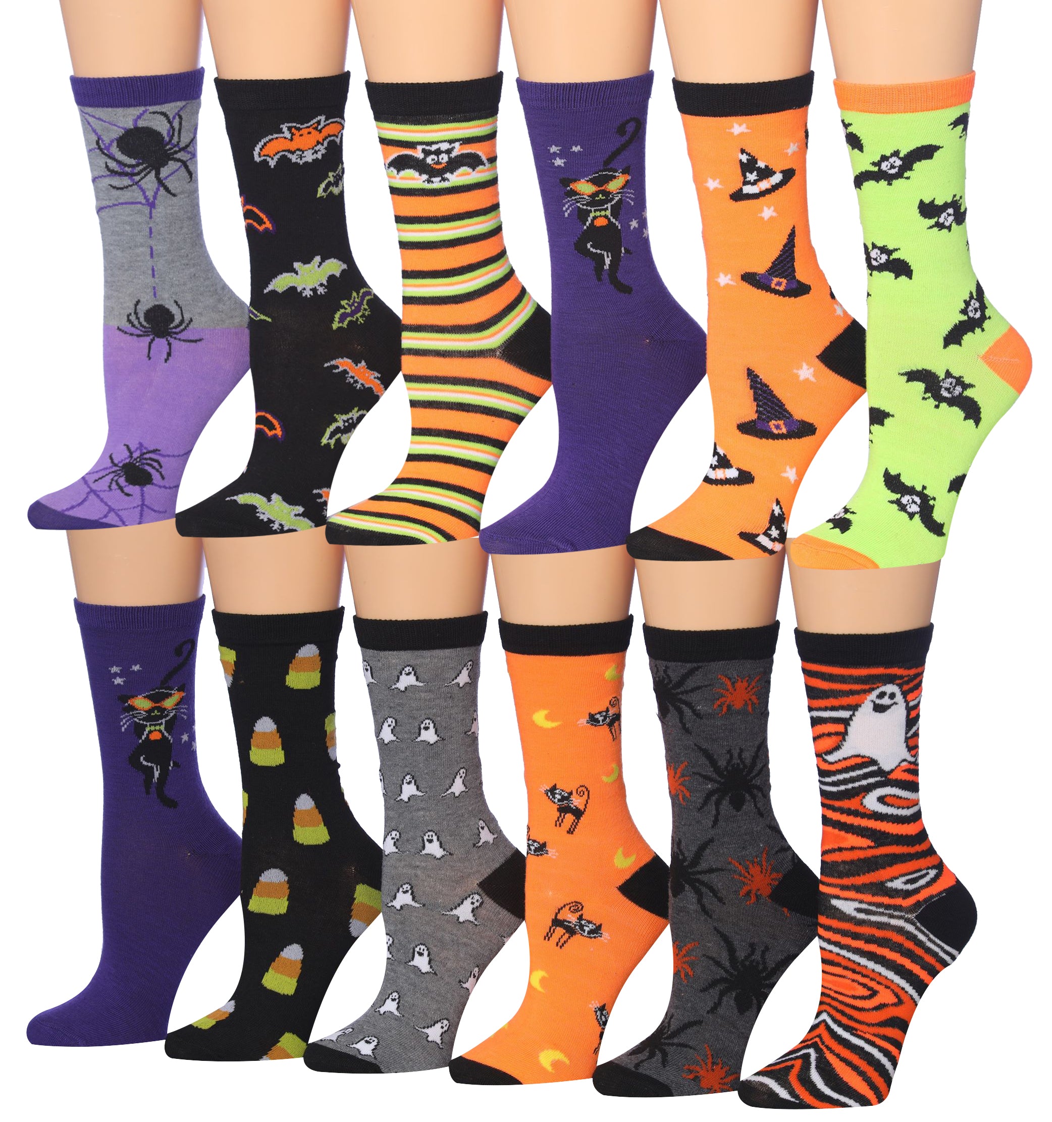 A colorful assortment of Tipi Toe women's crew socks featuring various fun patterns and designs, neatly arranged in pairs.