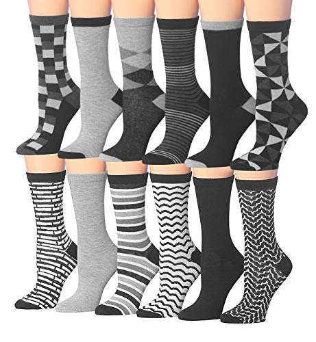 A colorful assortment of 12 pairs of women's crew socks featuring various patterns including stripes, polka dots, and geometric designs.