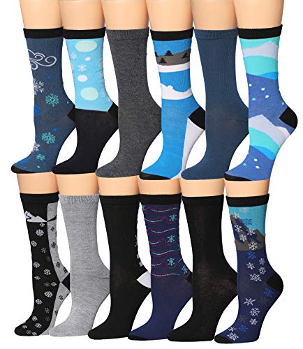 A collection of 12 pairs of colorful patterned crew socks for women, showcasing various vibrant designs and styles.