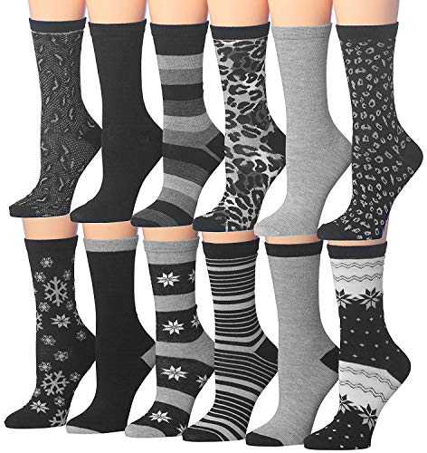 A colorful assortment of Tipi Toe Women's crew socks featuring various patterns including stripes, polka dots, and floral designs.