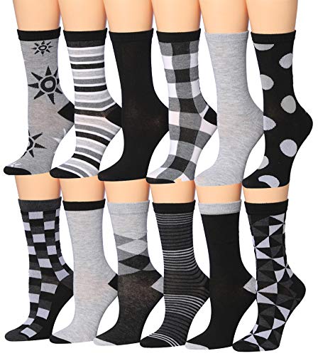 A vibrant collection of Tipi Toe Women's 12 Pairs Colorful Patterned Crew Socks featuring various fun designs and colors.