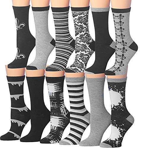 A colorful assortment of Tipi Toe Women's crew socks featuring various patterns and designs, neatly arranged in pairs.