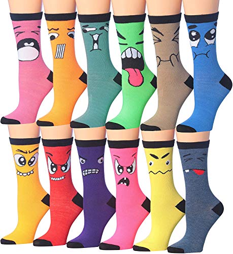 A colorful assortment of Tipi Toe Women's crew socks featuring various patterns and designs, showcasing vibrant colors and comfortable fabric.