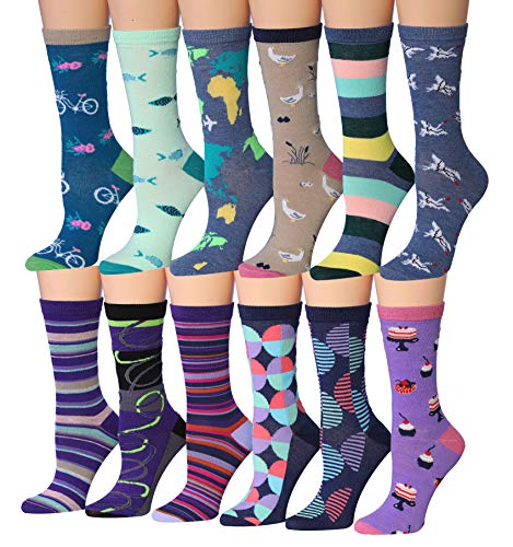 A colorful assortment of Tipi Toe Women's crew socks featuring various patterns including stripes, polka dots, and floral designs.