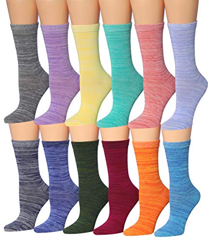 A colorful assortment of Tipi Toe Women's crew socks featuring various patterns including stripes, polka dots, and floral designs.