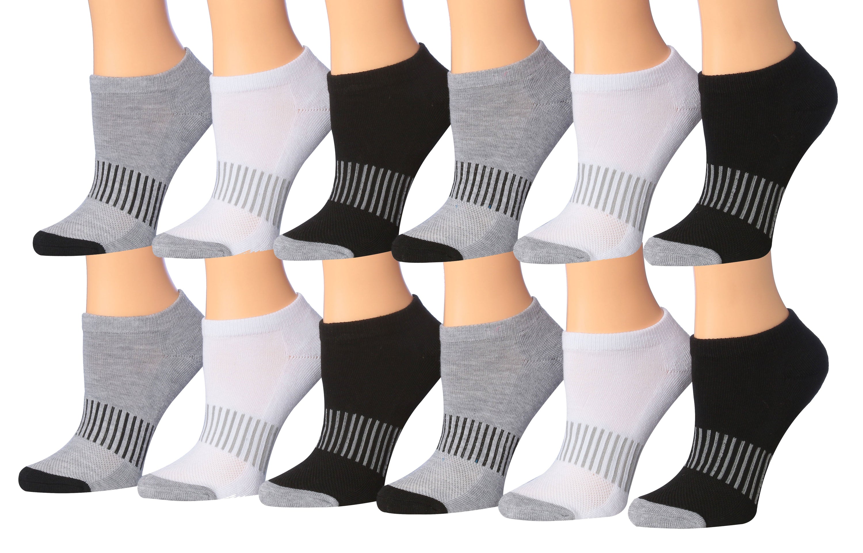 Tipi Toe Women's 12-Pairs Low Cut Athletic Sport Performance Socks displayed in various colors and styles, showcasing their low cut design and quality fabric.