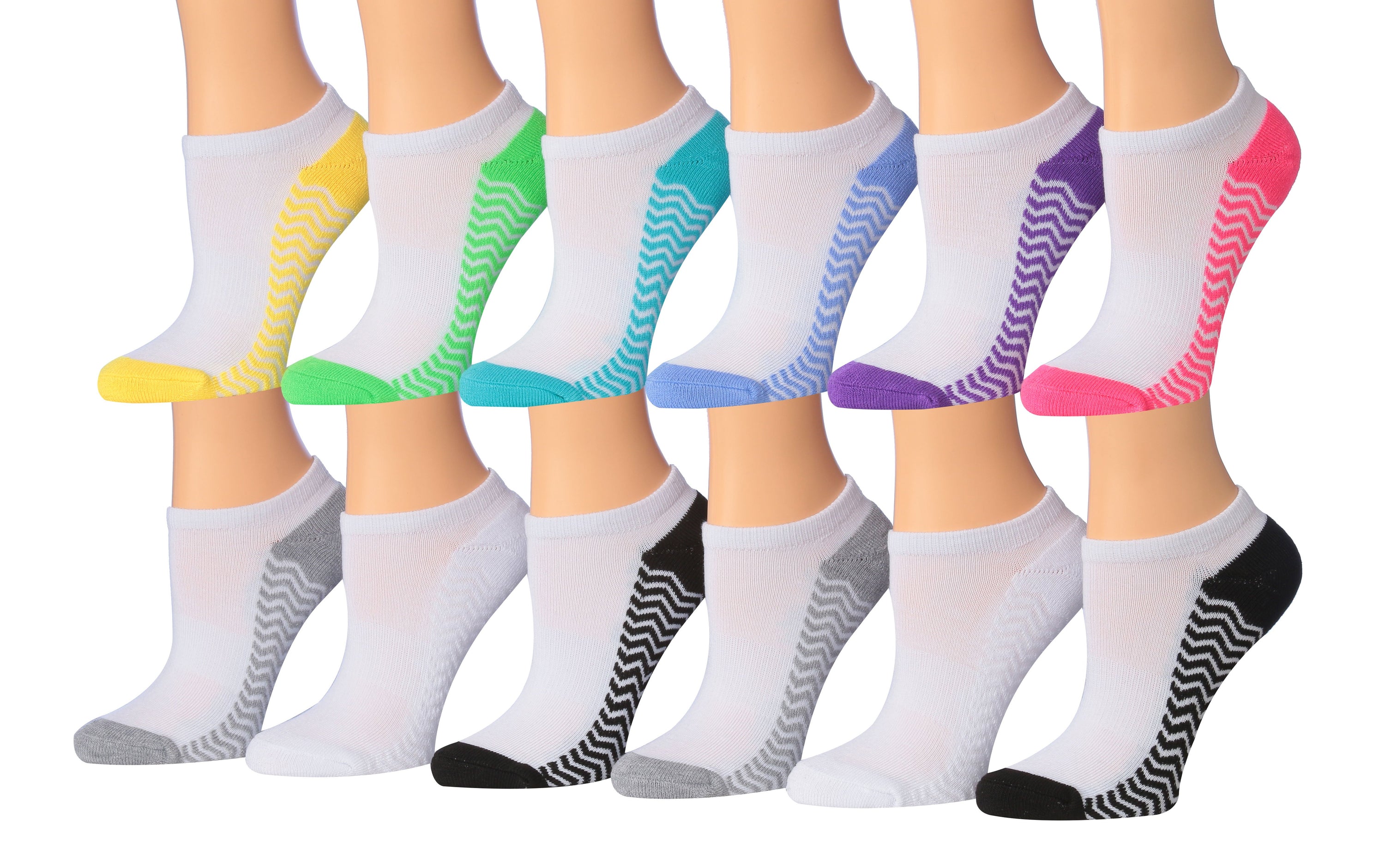 Tipi Toe Women's 12-Pairs Low Cut Athletic Sport Performance Socks displayed in various colors and styles, showcasing their low cut design and quality fabric.