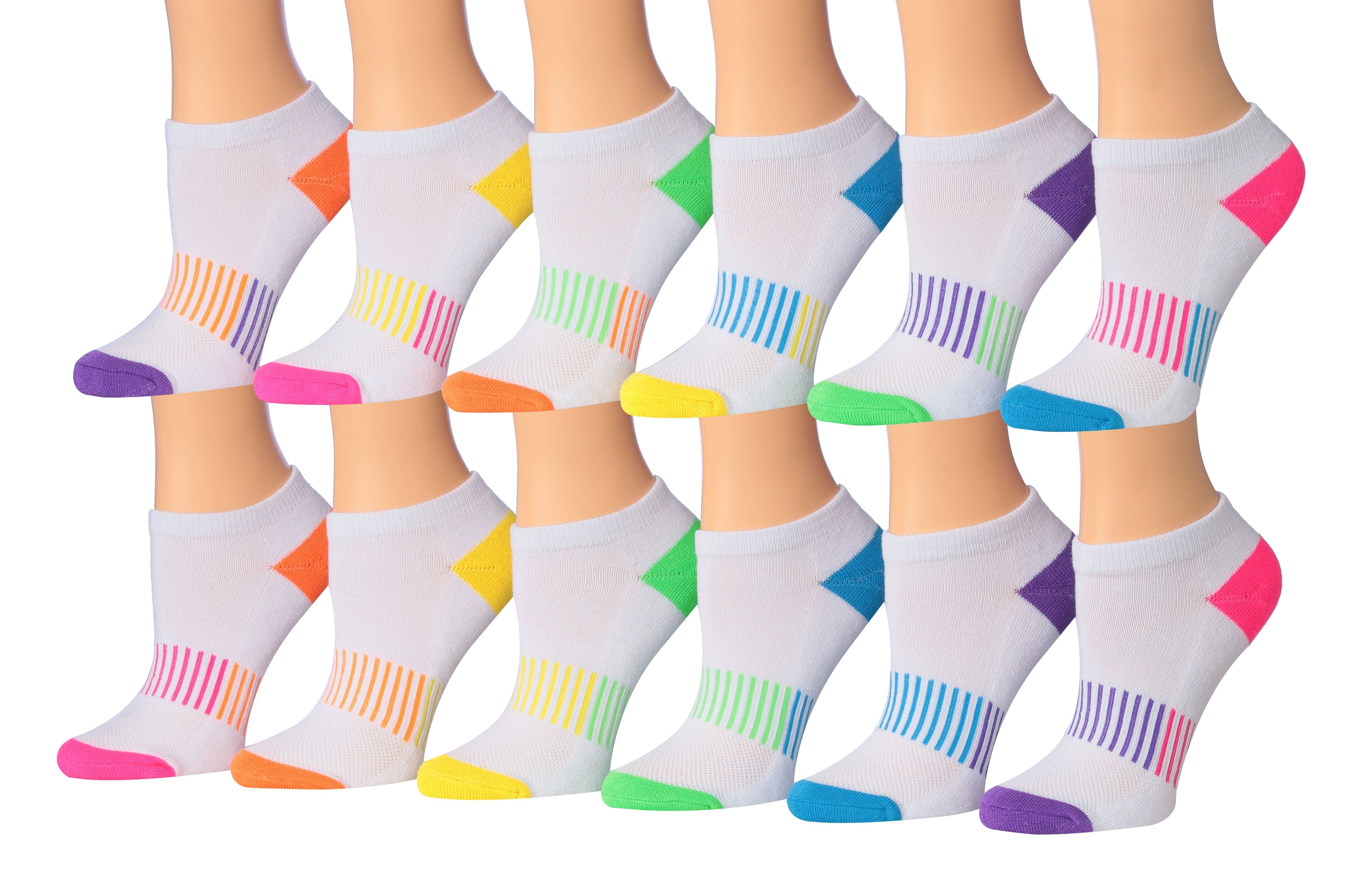 Tipi Toe Women's 12-Pairs Low Cut Athletic Sport Performance Socks in various colors, showcasing their low cut design and breathable fabric.