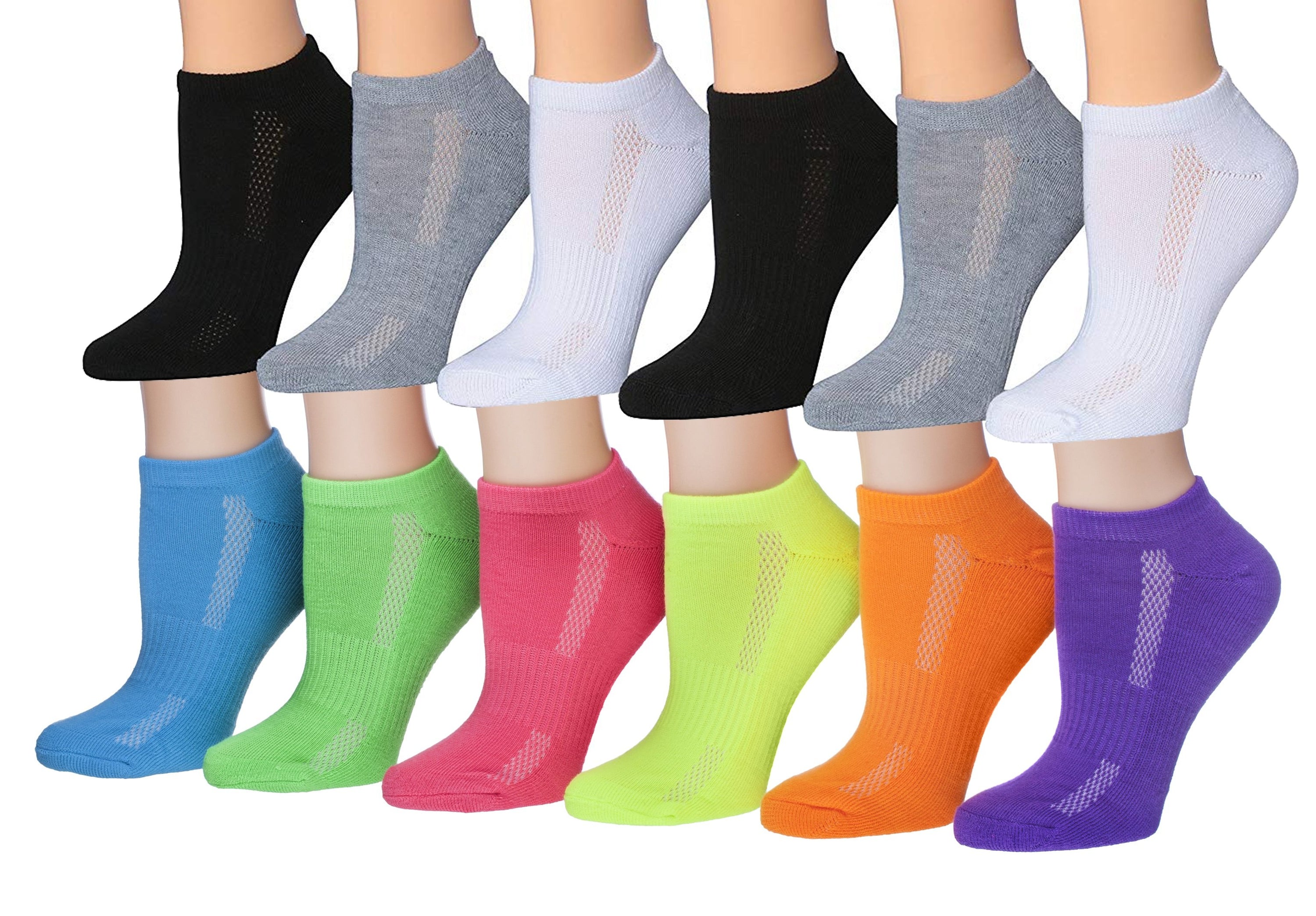 Tipi Toe Women's 12-Pairs Low Cut Athletic Sport Performance Socks in various colors, showcasing their low cut design and breathable fabric.