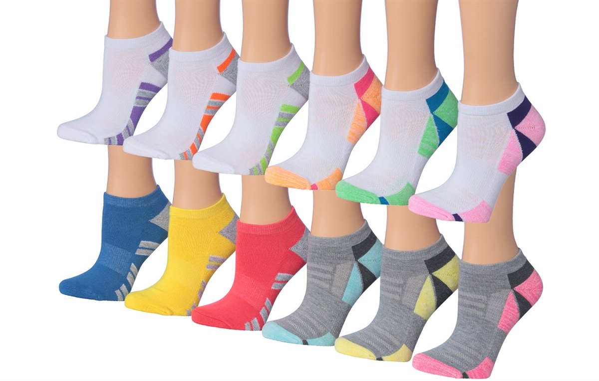 Tipi Toe Women's 12-Pairs Low Cut Athletic Sport Performance Socks in various colors, showcasing their low cut design and breathable fabric.