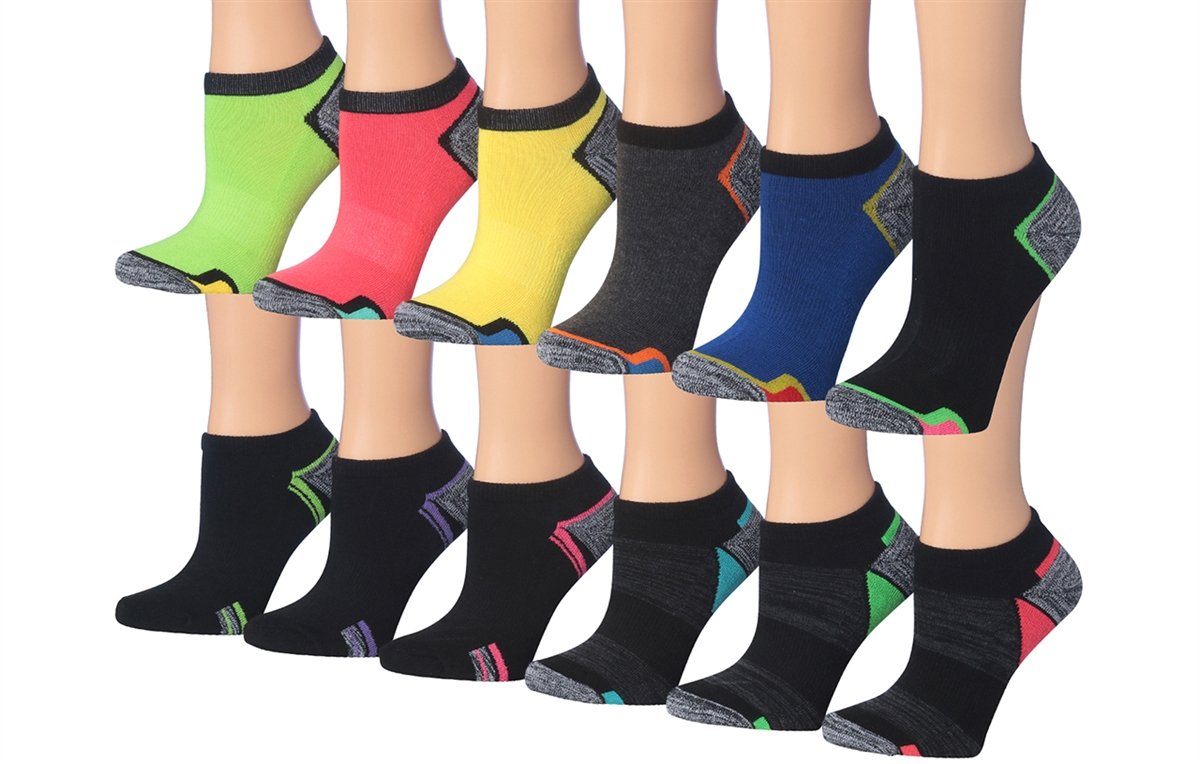 Tipi Toe Women's 12-Pairs Low Cut Athletic Sport Performance Socks displayed in various colors and styles, showcasing their low cut design and quality fabric.