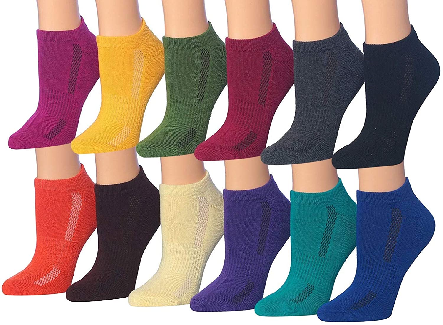 Tipi Toe Women's 12-Pairs Low Cut Athletic Sport Performance Socks displayed in various colors and styles, showcasing their low cut design and quality fabric.