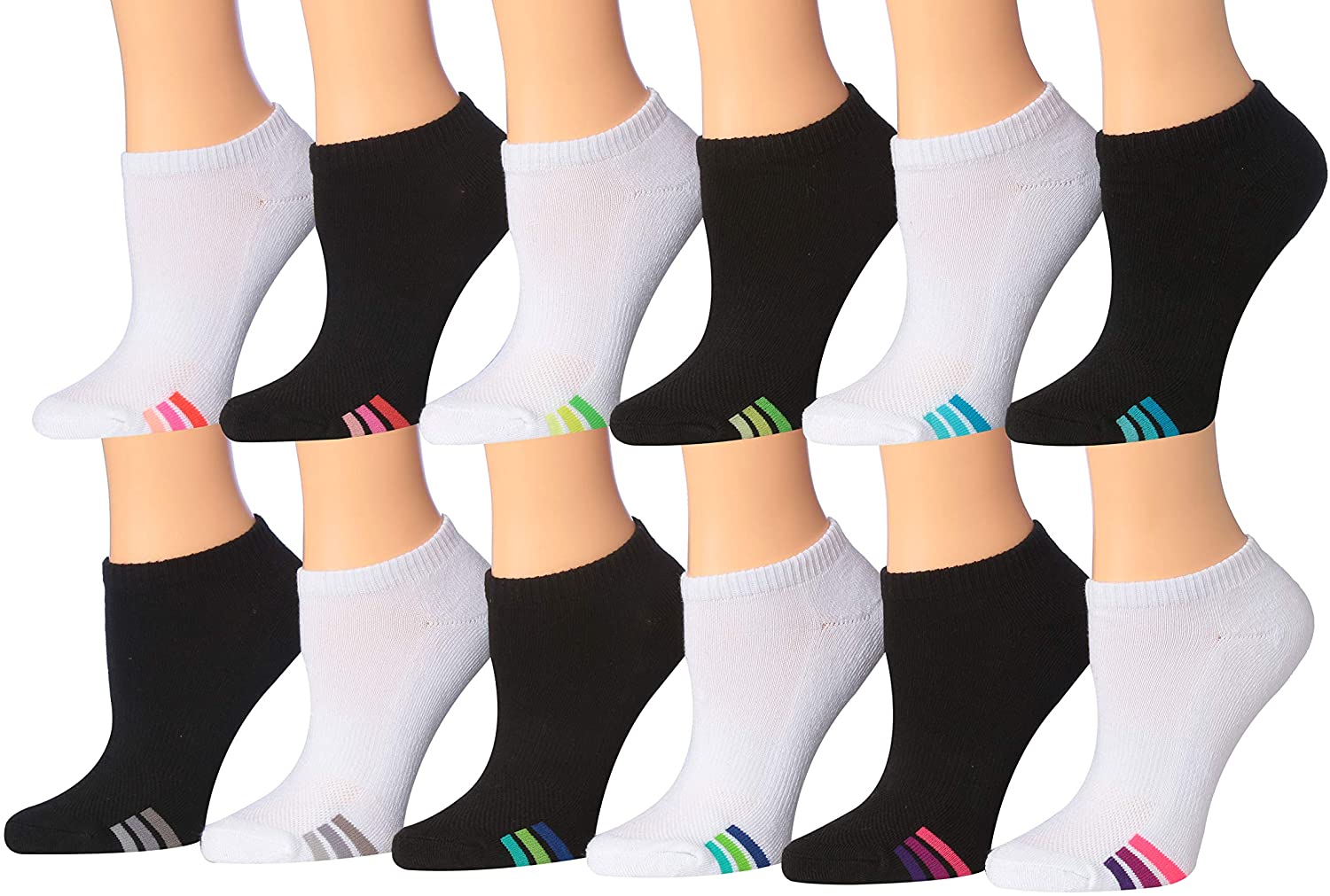 Tipi Toe Women's 12-Pairs Low Cut Athletic Sport Performance Socks displayed in various colors and styles, showcasing their low cut design and quality fabric.