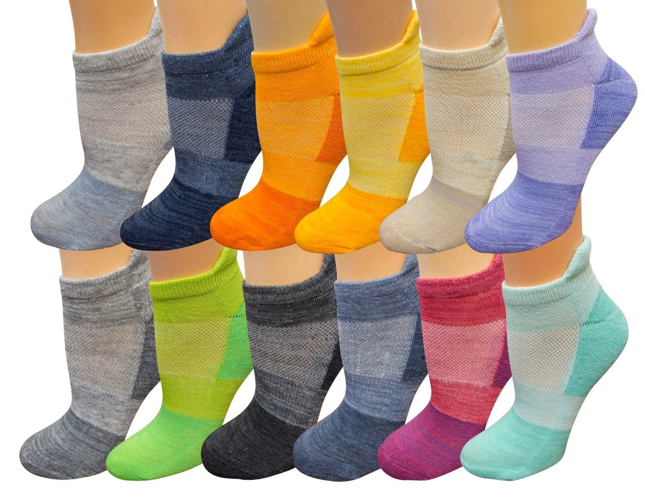 Tipi Toe Women's 12-Pairs Low Cut Athletic Sport Performance Socks displayed in various colors and styles, showcasing their low cut design and quality fabric.