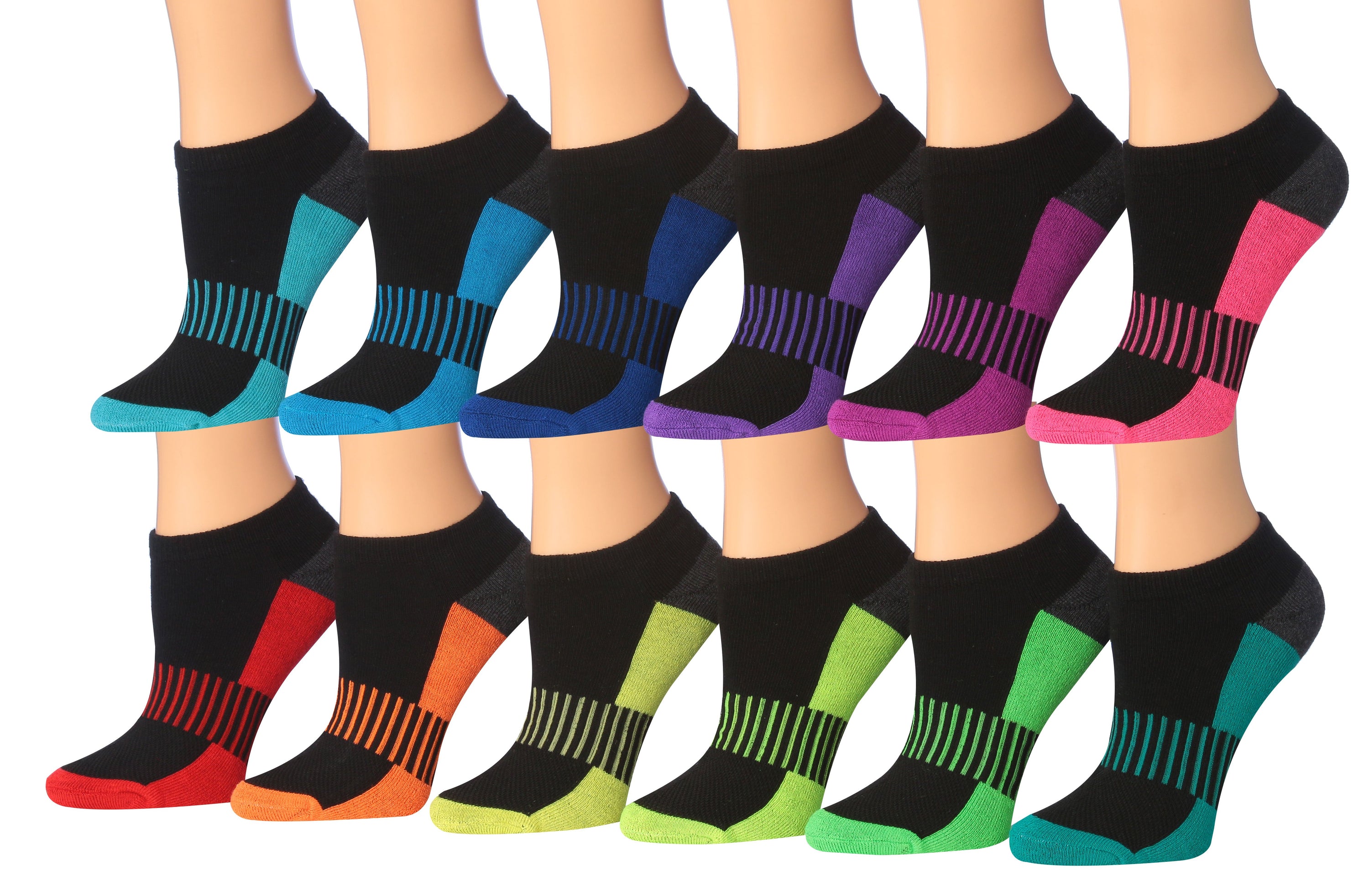 Tipi Toe Women's 12-Pairs Low Cut Athletic Sport Performance Socks displayed in various colors and styles, showcasing their low cut design and quality fabric.