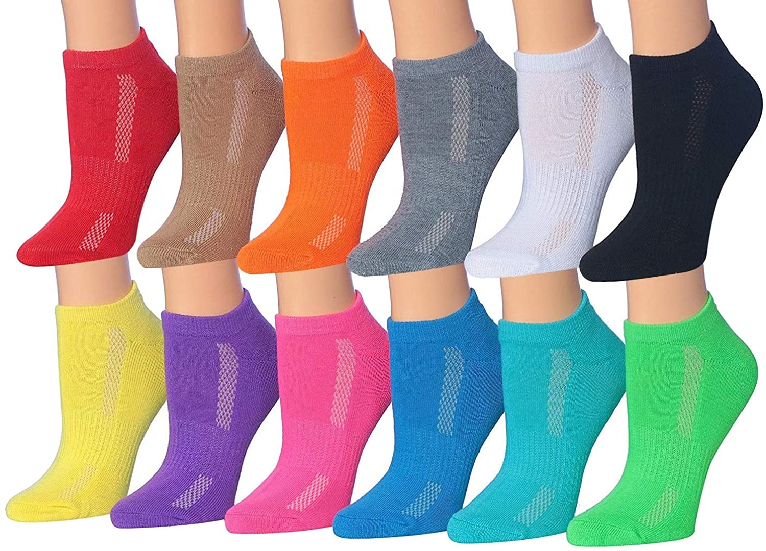 Tipi Toe Women's 12-Pairs Low Cut Athletic Sport Performance Socks displayed in various colors and styles, showcasing their low cut design and quality fabric.