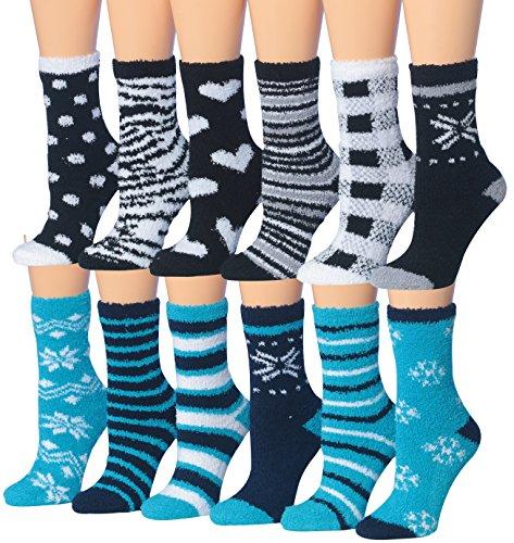 A colorful assortment of Tipi Toe Women's 12-Pairs Soft Fuzzy Anti-Skid Crew Socks displayed together, showcasing their soft texture and vibrant colors.