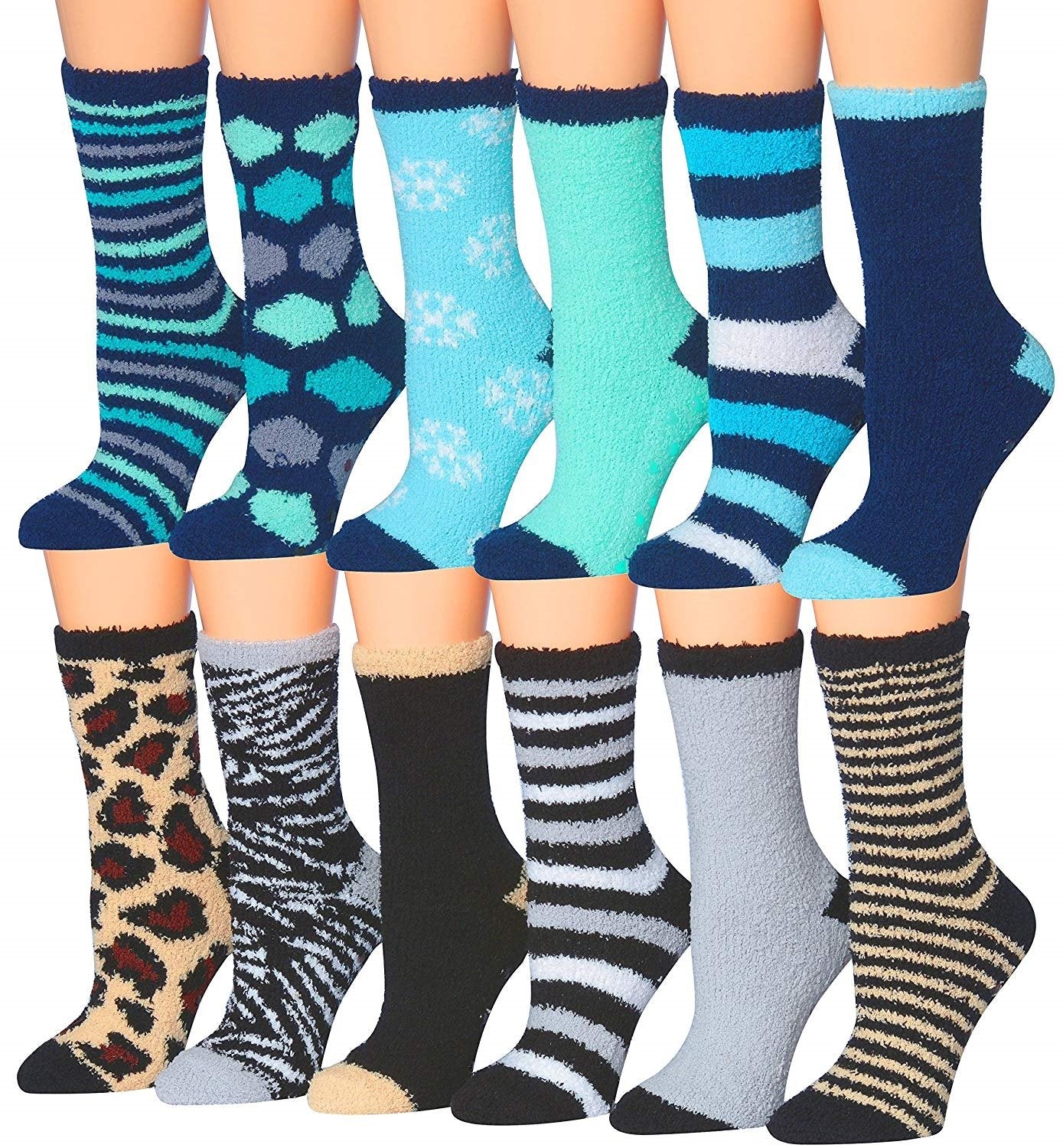 A colorful assortment of Tipi Toe Women's 12-Pairs Soft Fuzzy Anti-Skid Crew Socks displayed together, showcasing their soft texture and vibrant colors.