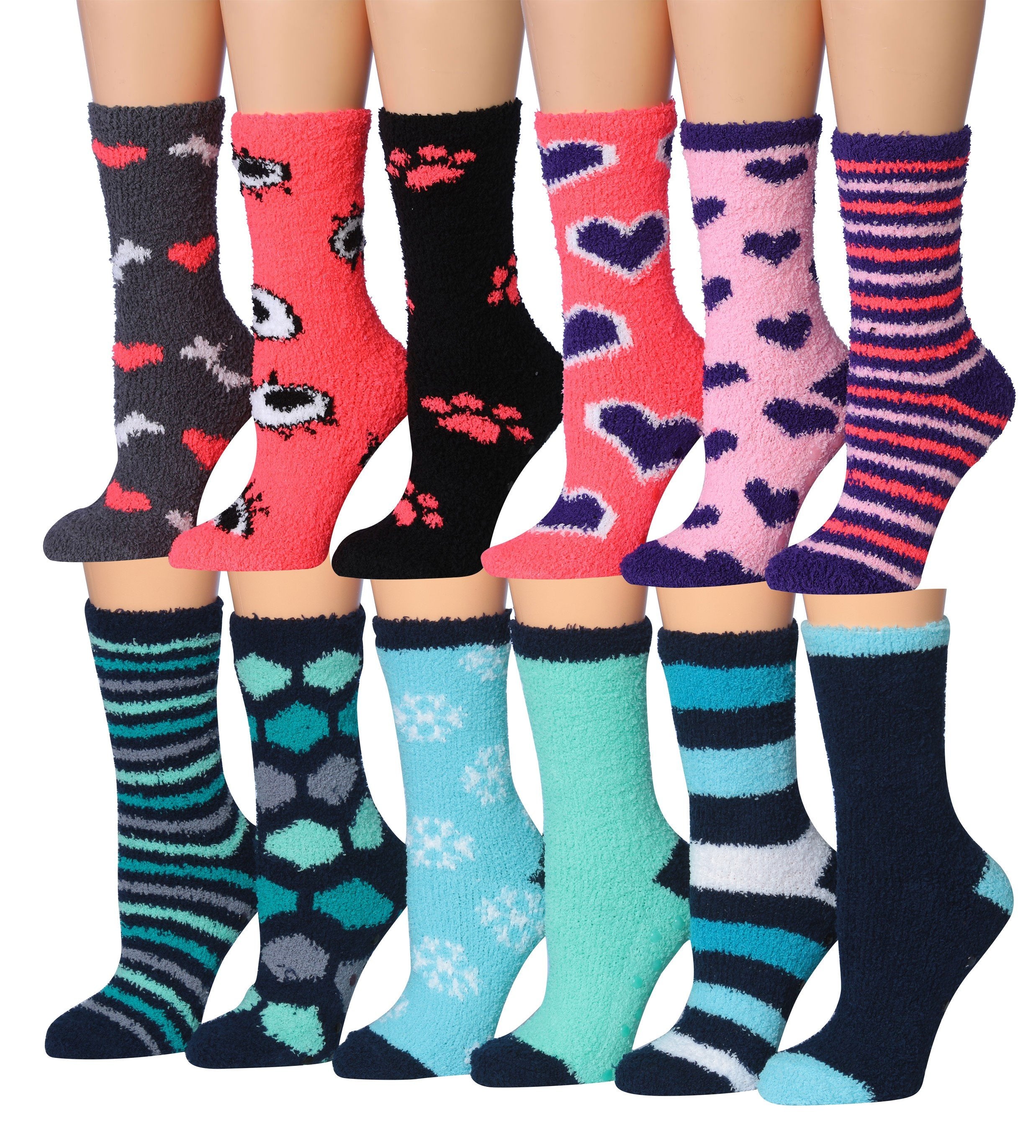 A colorful assortment of Tipi Toe Women's 12-Pairs Soft Fuzzy Anti-Skid Crew Socks displayed together, showcasing their soft texture and vibrant colors.