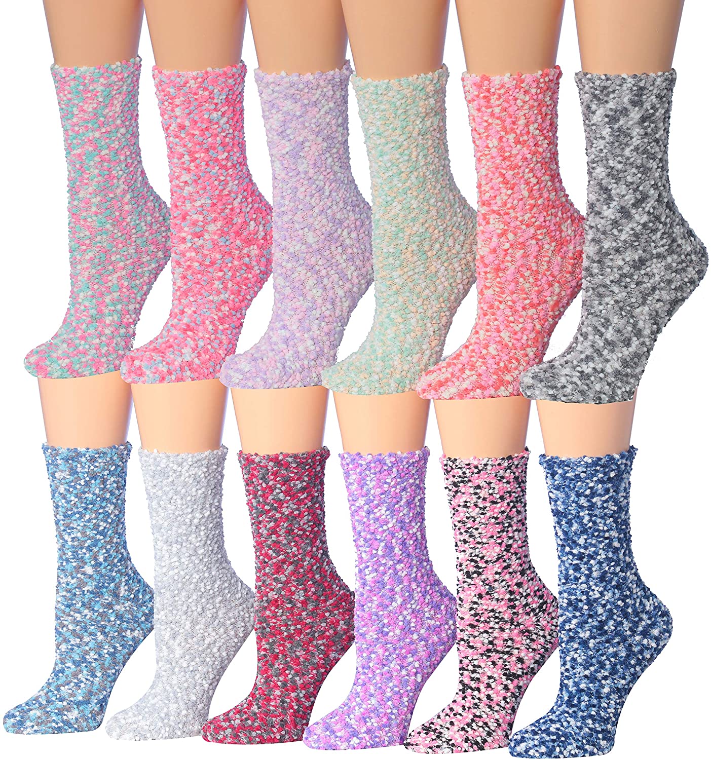 A colorful assortment of Tipi Toe Women's 12-Pairs Soft Fuzzy Anti-Skid Crew Socks displayed together, showcasing their soft texture and vibrant colors.