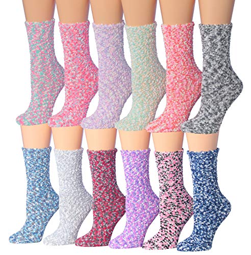 A colorful assortment of Tipi Toe Women's 12-Pairs Soft Fuzzy Anti-Skid Crew Socks displayed together, showcasing their soft texture and vibrant patterns.