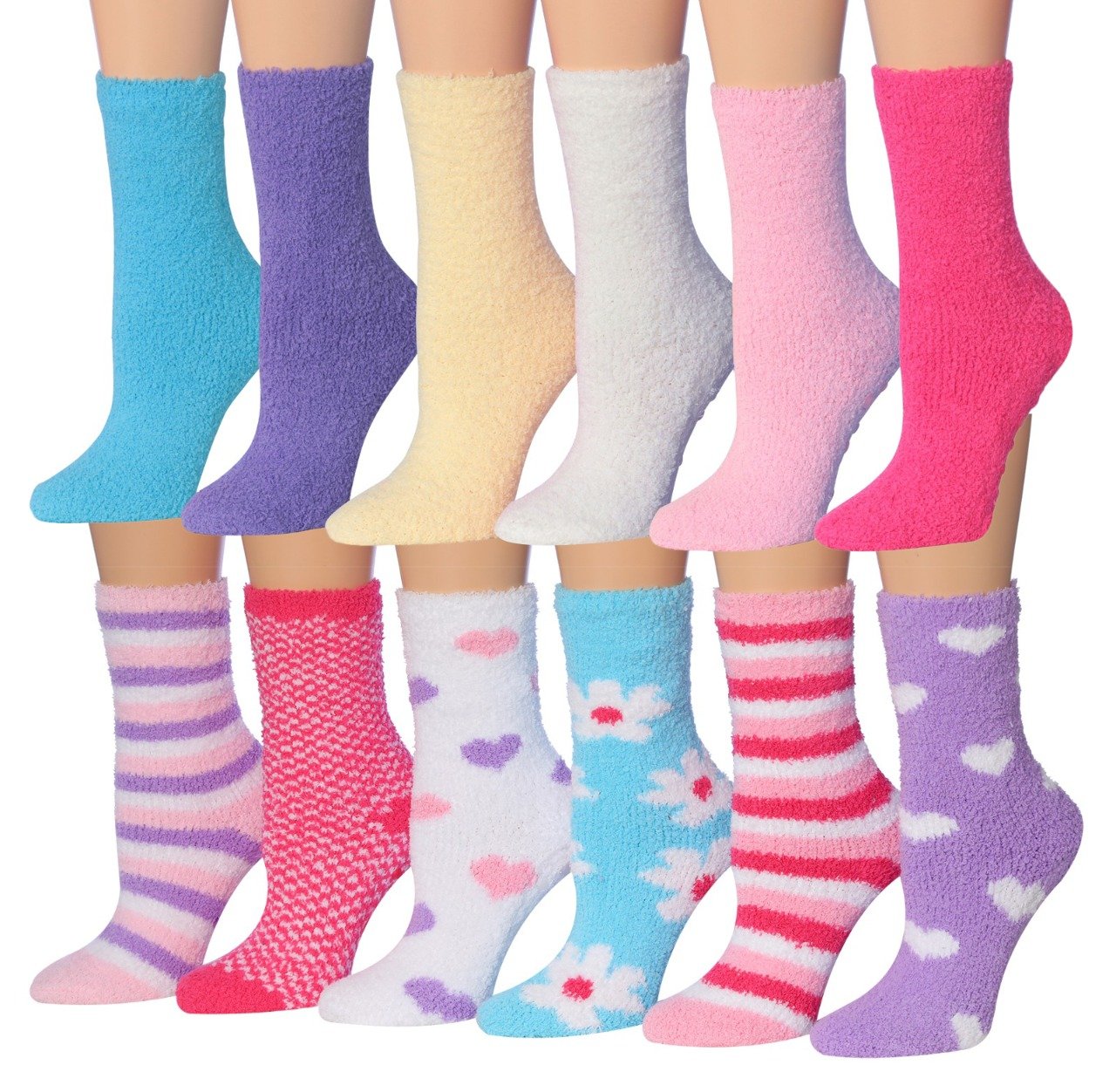 A colorful assortment of Tipi Toe Women's 12-Pairs Soft Fuzzy Anti-Skid Crew Socks displayed together, showcasing their soft texture and vibrant colors.