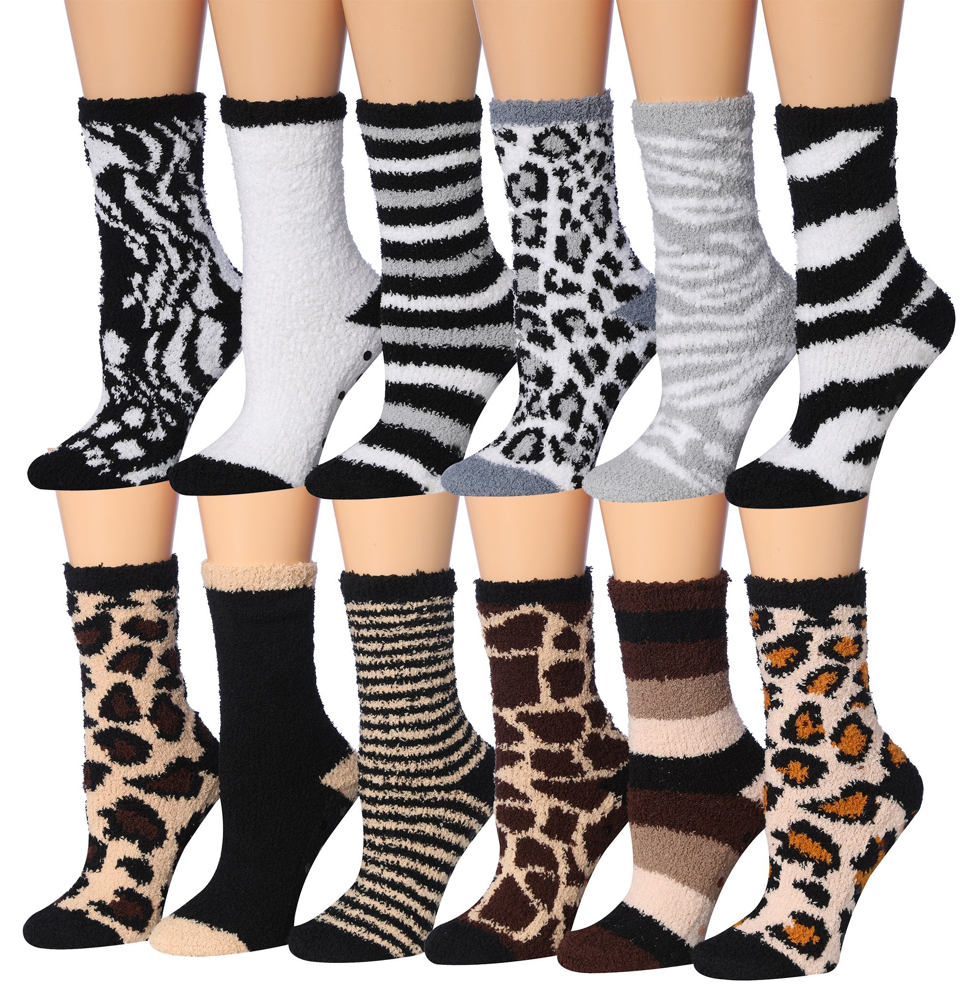 A colorful assortment of Tipi Toe Women's 12-Pairs Soft Fuzzy Anti-Skid Crew Socks displayed together, showcasing their soft texture and vibrant colors.