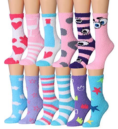 A colorful assortment of Tipi Toe Women's 12-Pairs Soft Fuzzy Anti-Skid Crew Socks displayed together, showcasing their soft texture and vibrant colors.