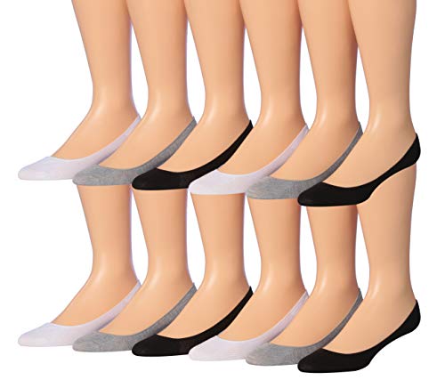 Tipi Toe Women's 12-Pairs Ultra Low Cut No Show Flats & Heels Shoe Foot Liner Socks with non-slip heel grip in assorted colors.