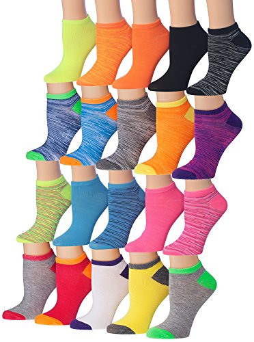 A collection of 20 pairs of colorful patterned low cut socks for women, showcasing various designs and vibrant colors.