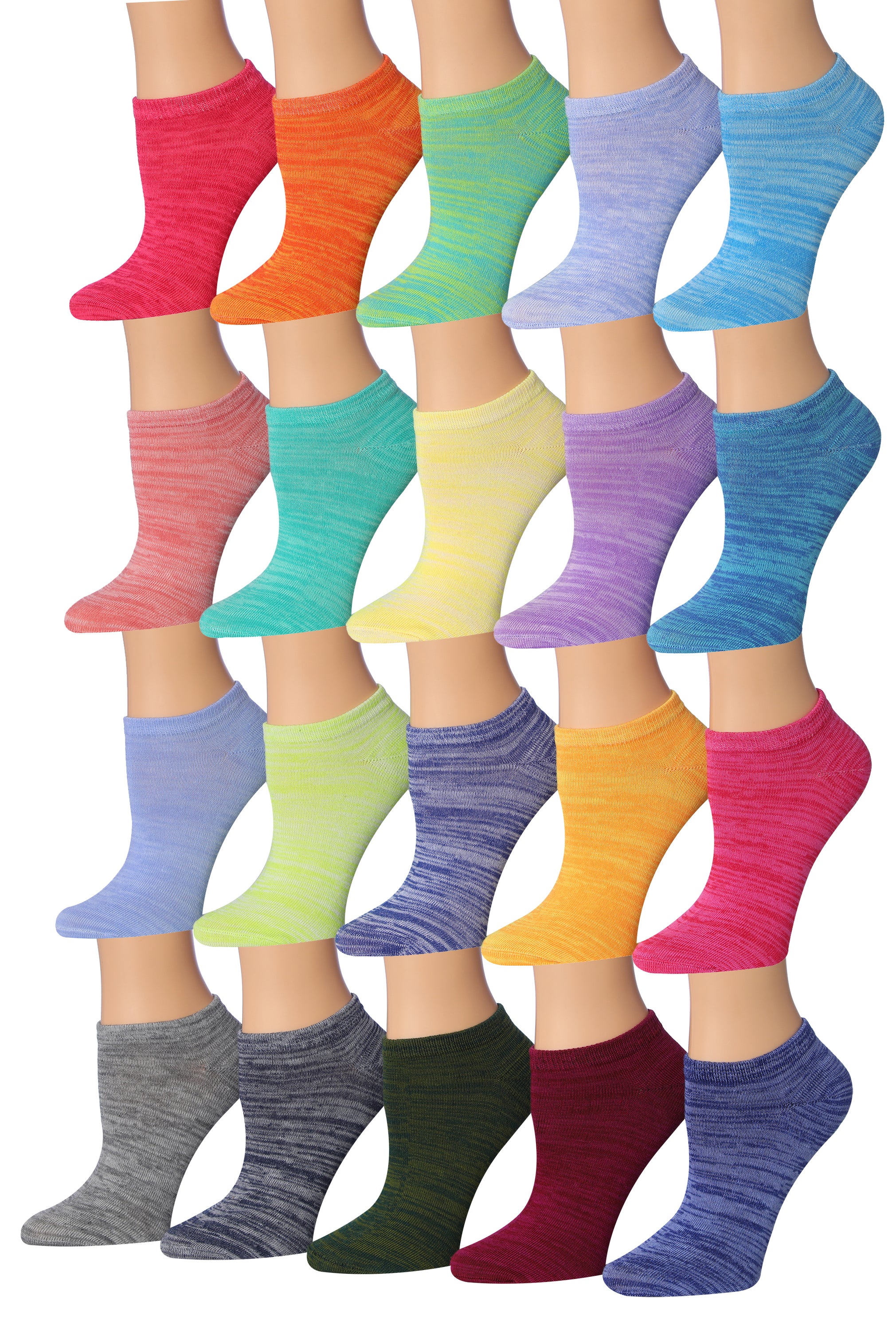 A collection of 20 pairs of colorful patterned low cut socks for women, showcasing various designs and vibrant colors.