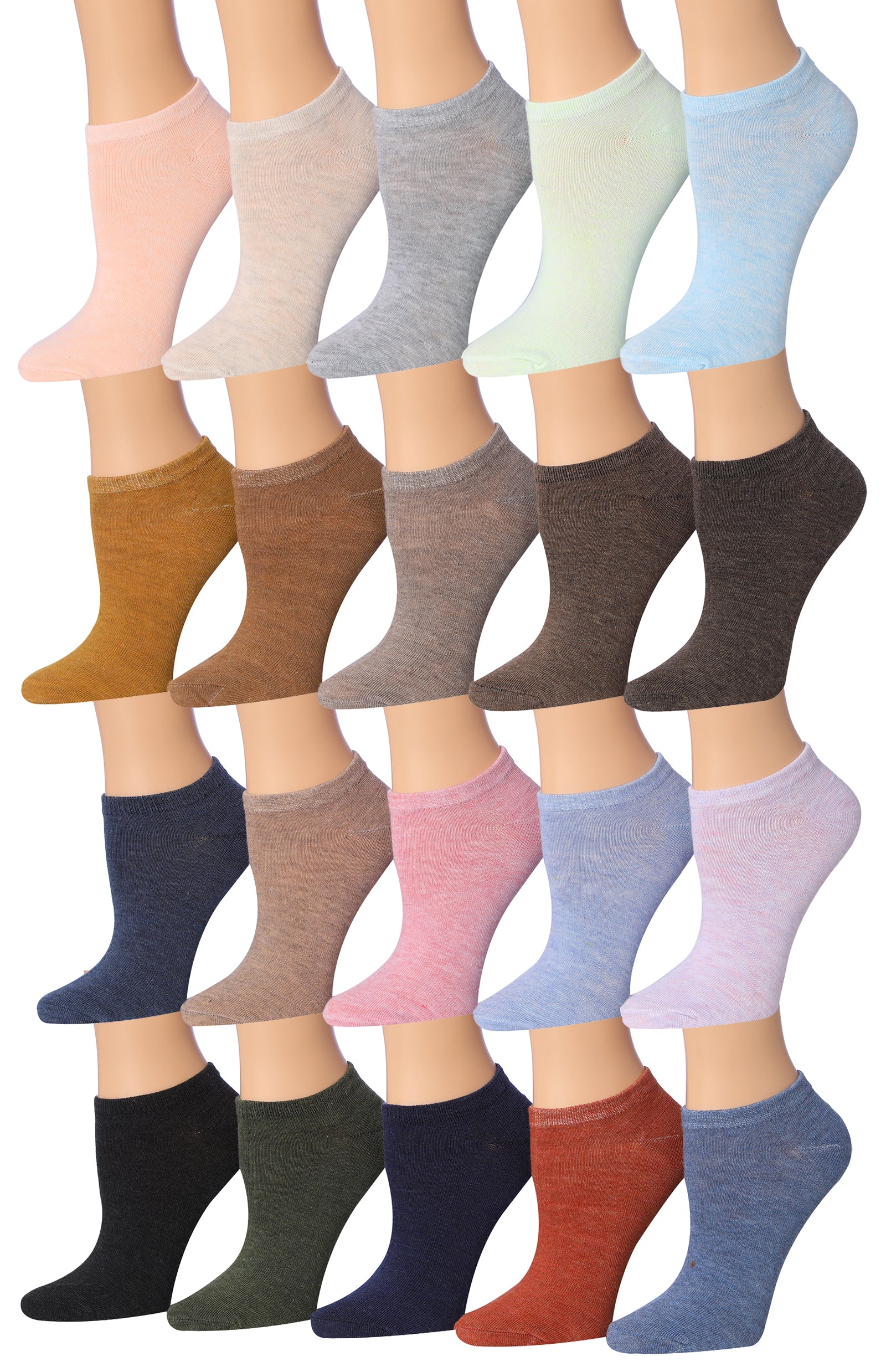 A collection of 20 pairs of colorful patterned low cut socks for women, showcasing various designs and vibrant colors.