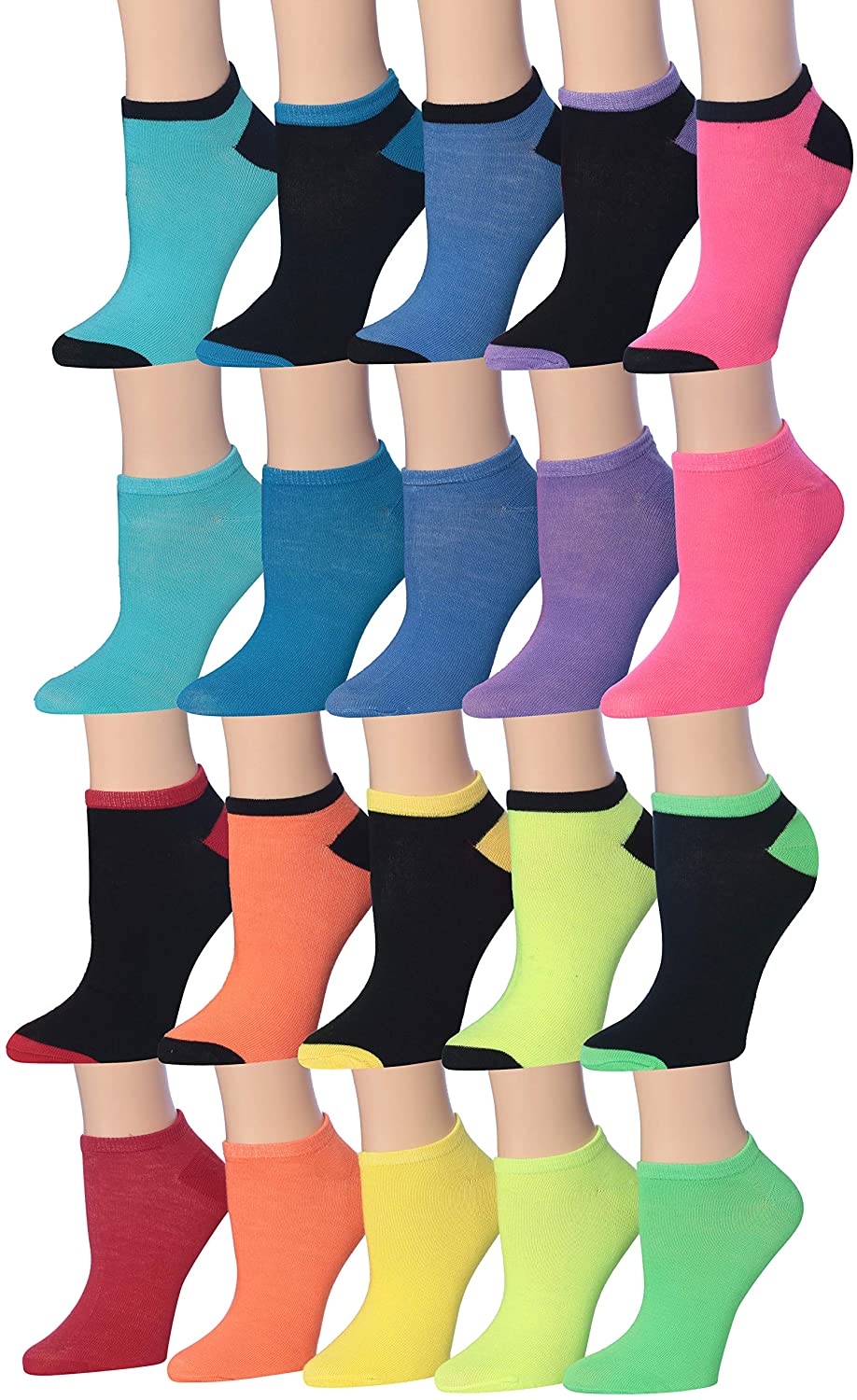 A collection of 20 pairs of colorful patterned low cut socks for women, showcasing various designs and vibrant colors.