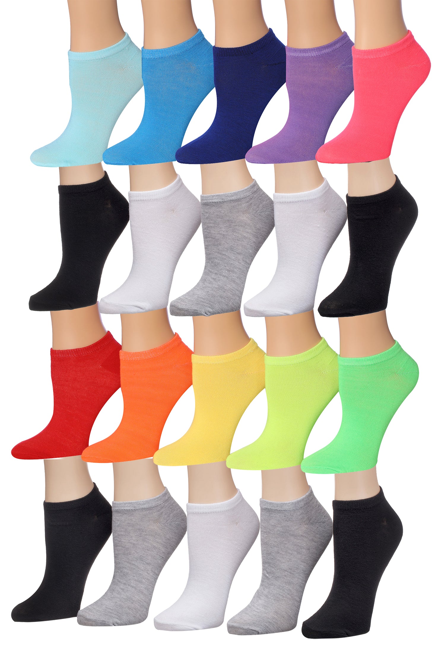 A collection of 20 pairs of colorful patterned low cut socks for women, showcasing various designs and vibrant colors.