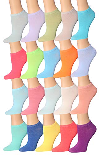 A colorful assortment of Tipi Toe Women's low cut/no show socks featuring various patterns and designs, neatly arranged.