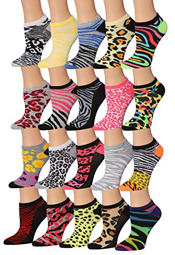 A colorful assortment of Tipi Toe Women's low cut/no show socks featuring various patterns and designs, neatly arranged.