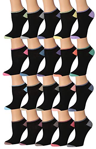 A colorful assortment of Tipi Toe Women's low cut/no show socks featuring various patterns and designs, neatly arranged.