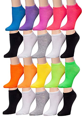 A colorful assortment of Tipi Toe Women's low cut/no show socks, featuring various vibrant patterns and designs, neatly arranged.