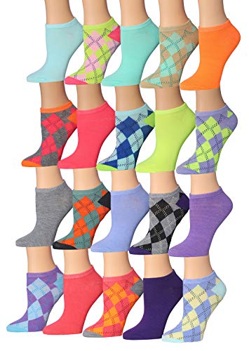 A colorful assortment of Tipi Toe Women's low cut no show socks, featuring various patterns and designs, neatly arranged in pairs.