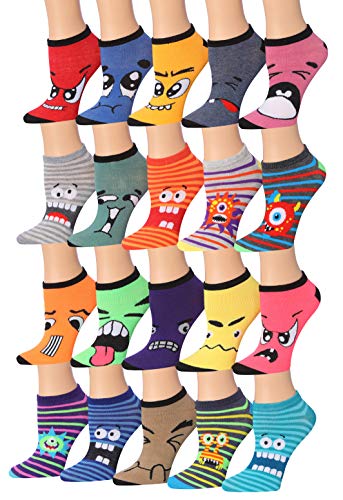 A colorful assortment of Tipi Toe Women's low cut/no show socks featuring various patterns and designs, neatly arranged.