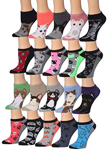 A colorful assortment of Tipi Toe Women's low cut/no show socks, featuring various vibrant patterns and designs, neatly arranged.